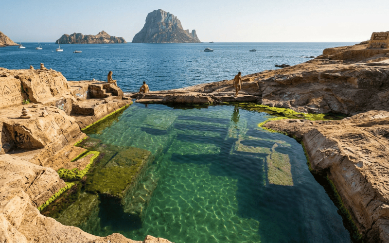 Vista de Atlantis Ibiza, Sa Pedrera, con piscinas naturales talladas en la roca y Es Vedrà al fondo sobre el Mediterráneo.